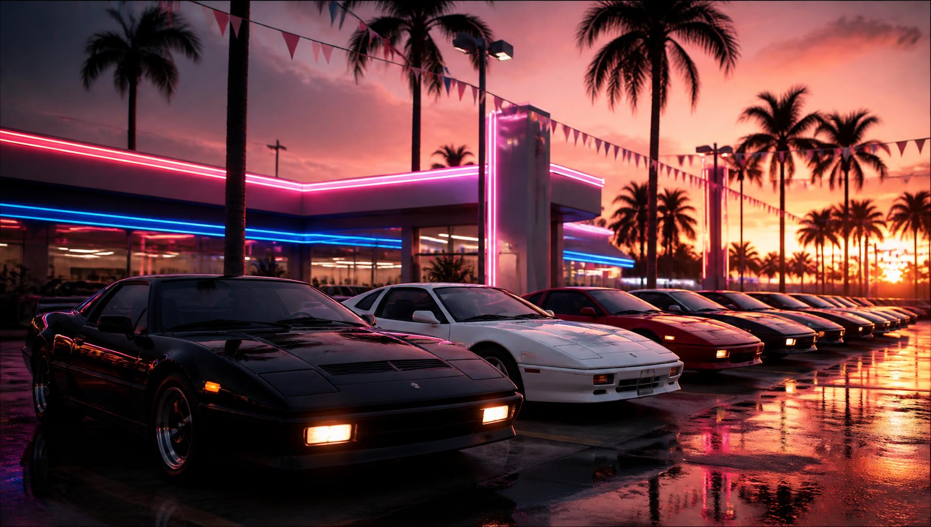 Vice City Cars forecourt at sunset, lined with cars, palm trees and neon signage